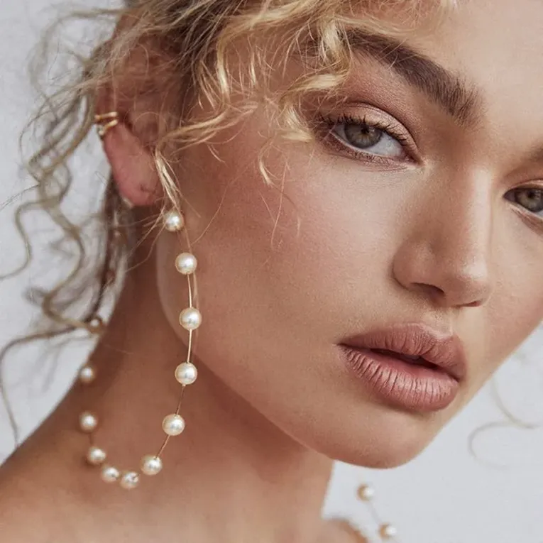 Gold Imitation Pearl Hoop Earrings - Image 1