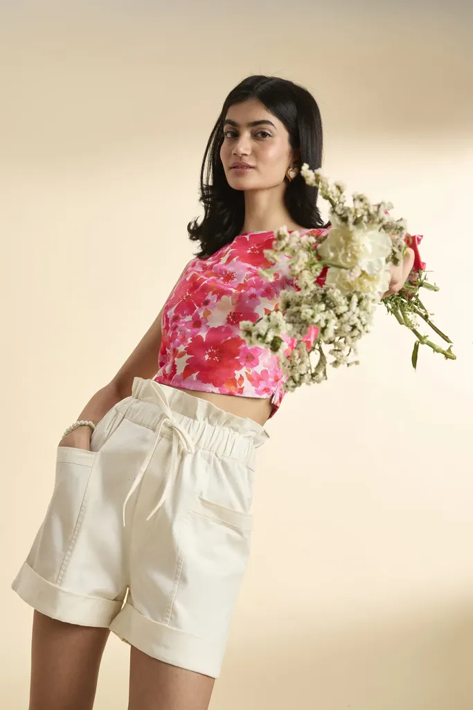 Off White Solid Paperbag Waist Shorts - Image 1
