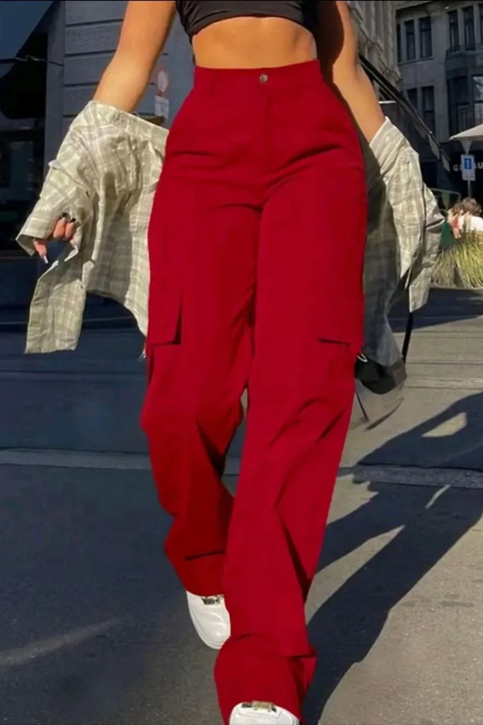 Red Mid Rise Cargo Pants - Image 1