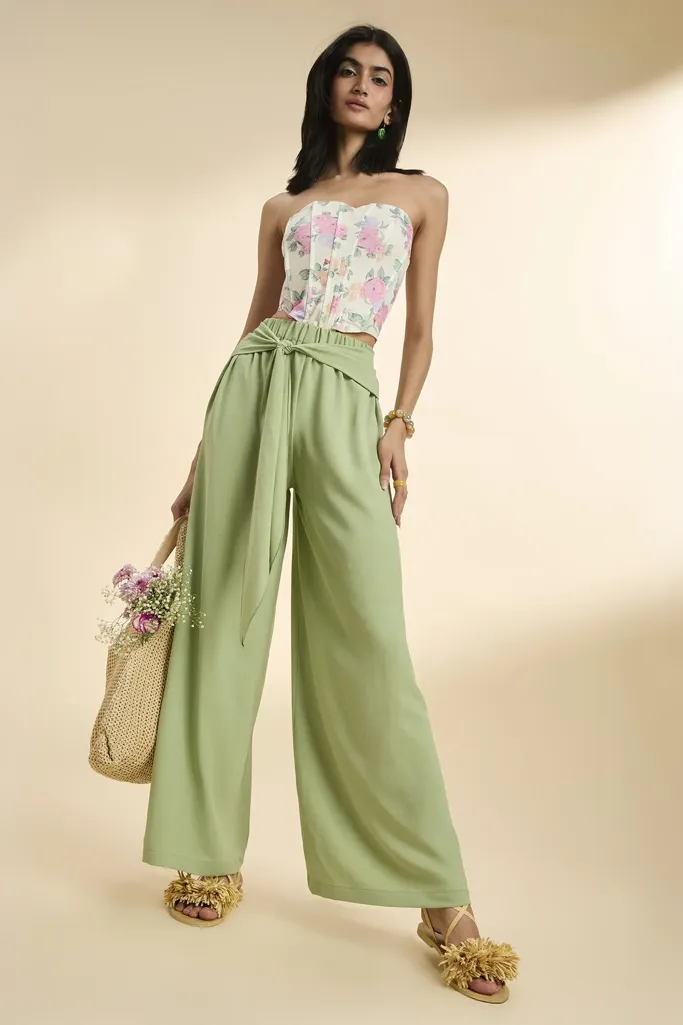 Green Tie-up Detail Parallel Trouser - Image 1