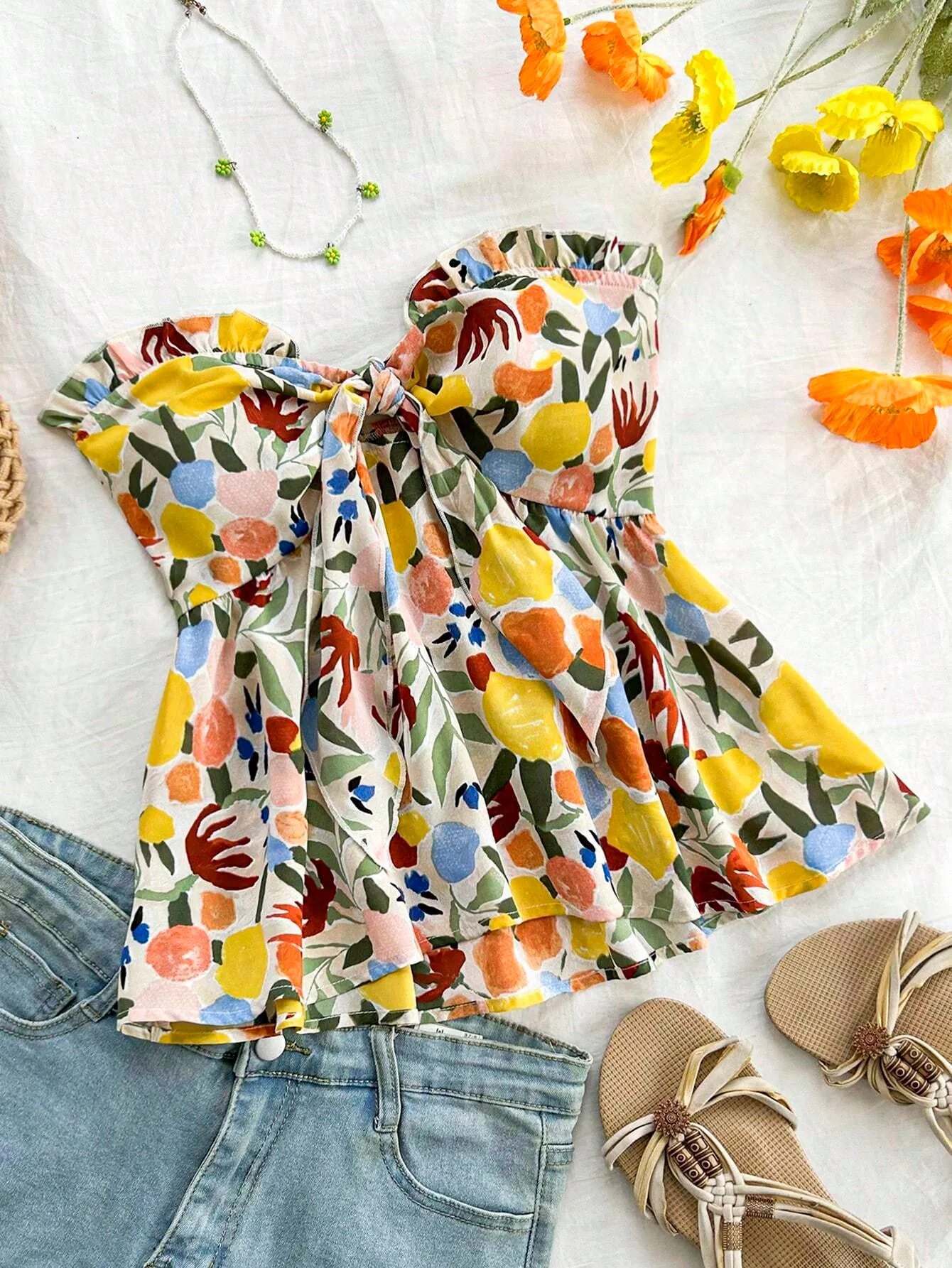 Off White Floral Peplum Top
