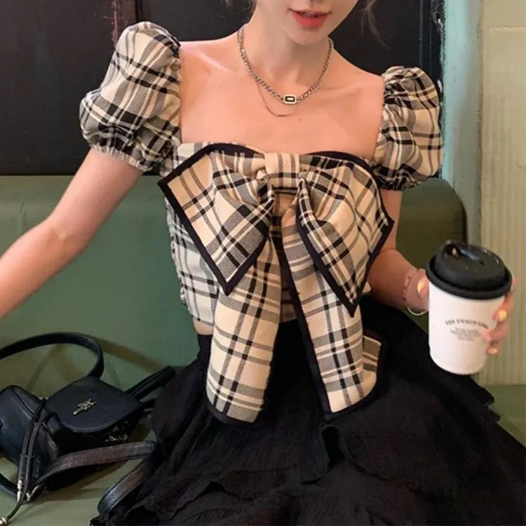 Black Plaid Bow Tie Up Crop Top - Image 1