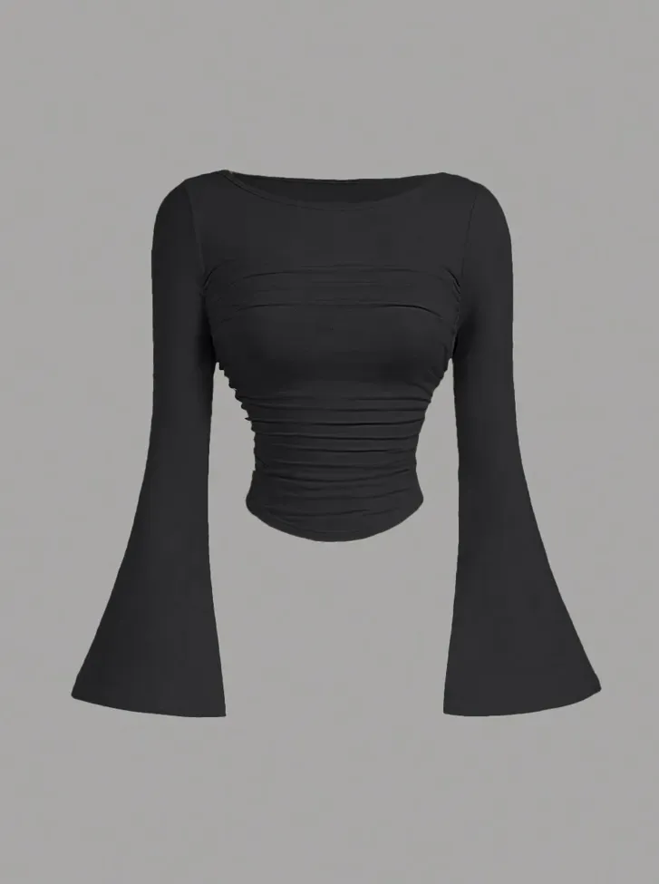 Black Solid Round Neck Crop Top - Image 1