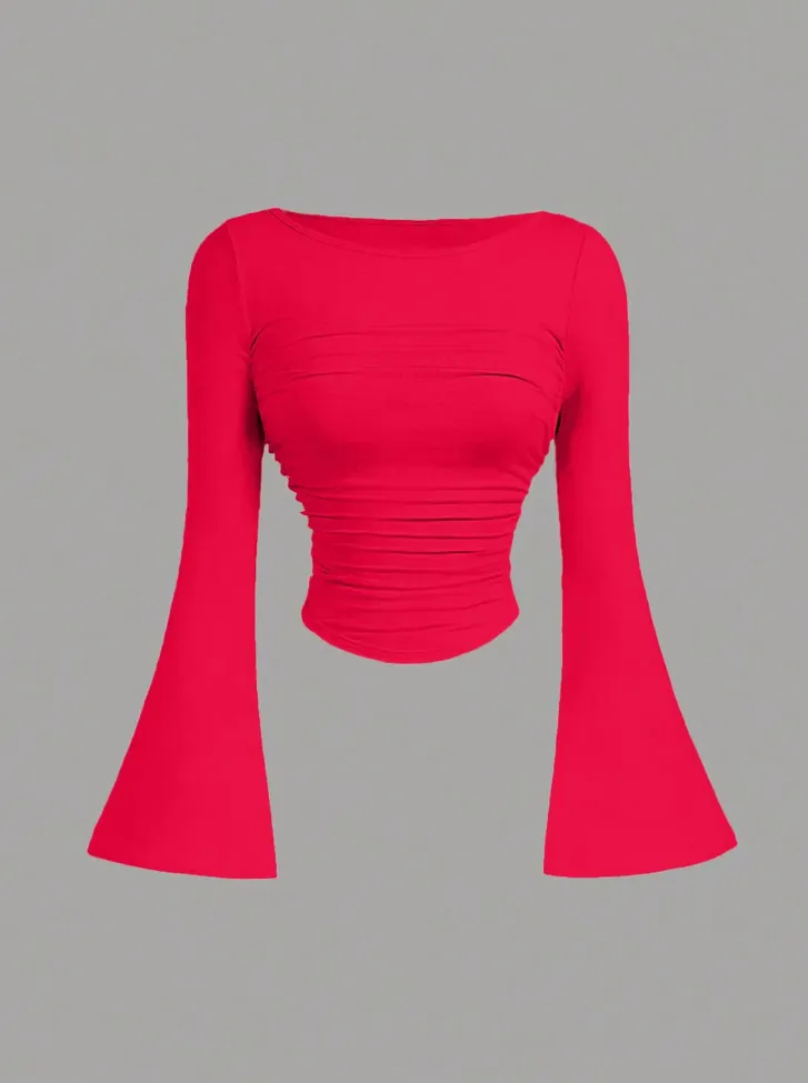 Red Solid Round Neck Crop Top - Image 1