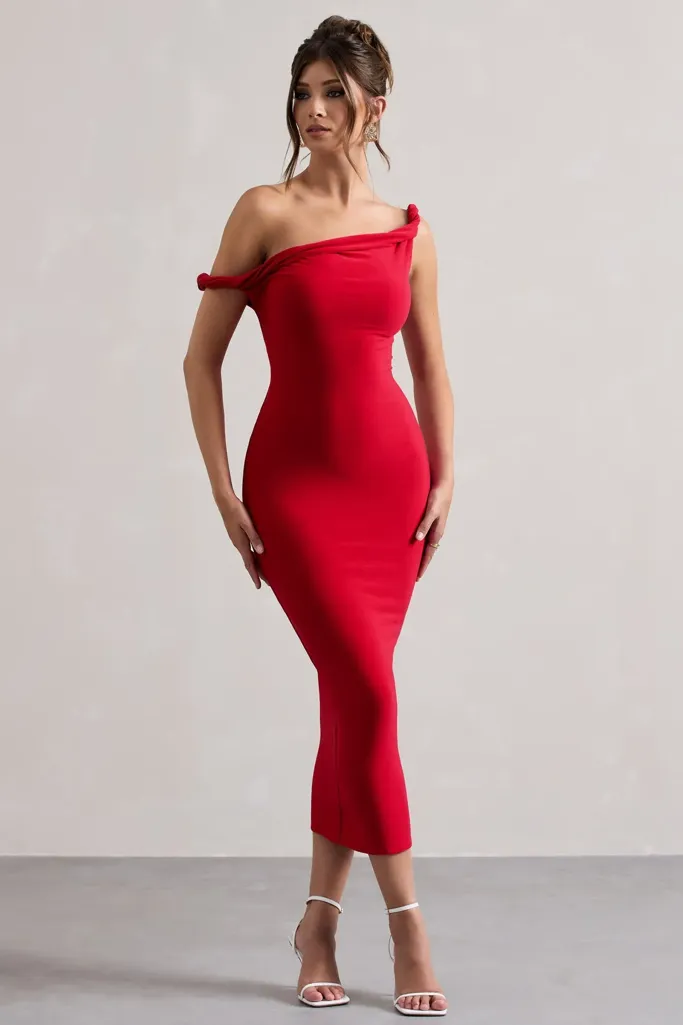 Red One Shoulder Midi Dress - Image 1