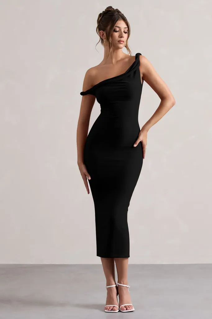 Black One Shoulder Midi Dress - Image 1