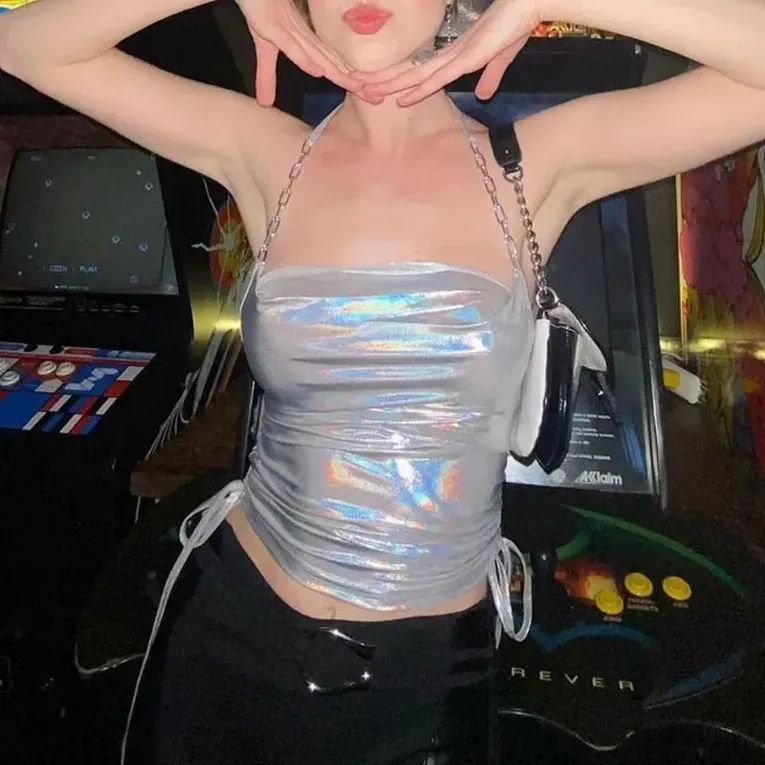 Silver Metallic Ruched Halter Top - Image 1