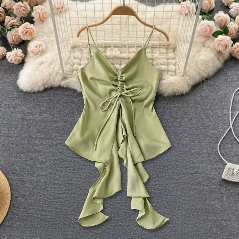 Light Olive Ruffle Detail Aline Cami Top - Image 1