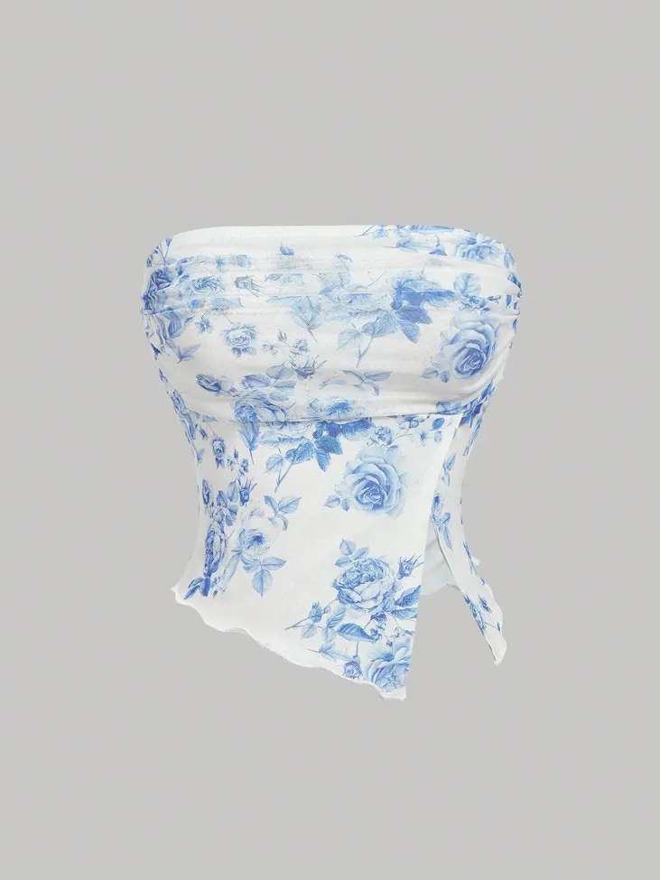 White Floral Slit Detail Tube Top - Image 1