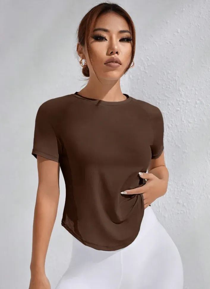 Dark Brown Solid High Low Crop Tshirt - Image 1