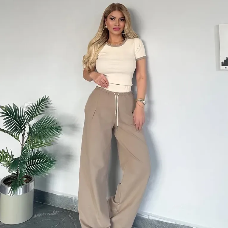 Mid Rise Beige Drawstring Coord Set - Image 1