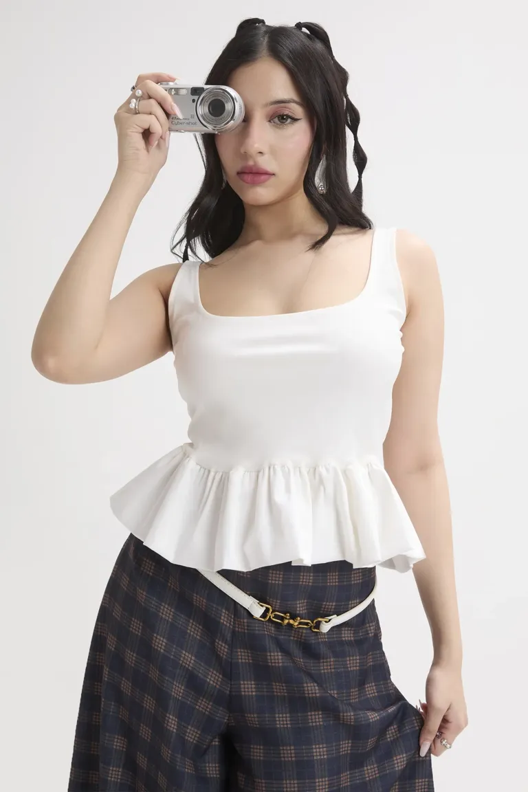 BORDERS at BALCONY - ROUND PEPLUM HALF SLEEVE TOP(36) 　WHITE Peplum Circle A Set | Over The Moon
