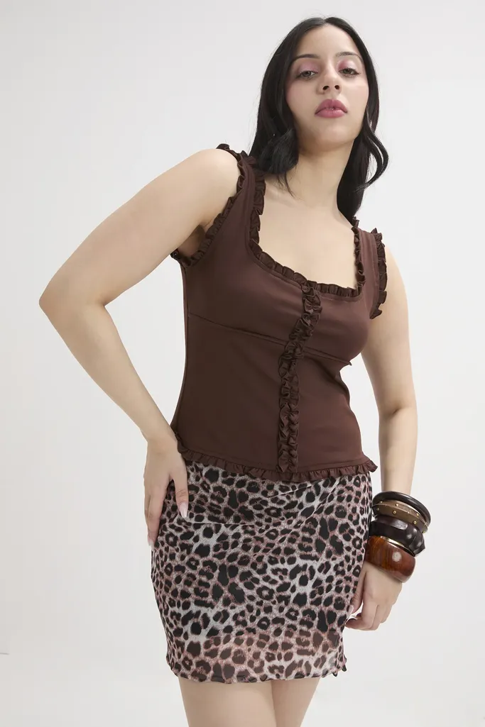Ruffle Trim Solid Brown Top - Image 1