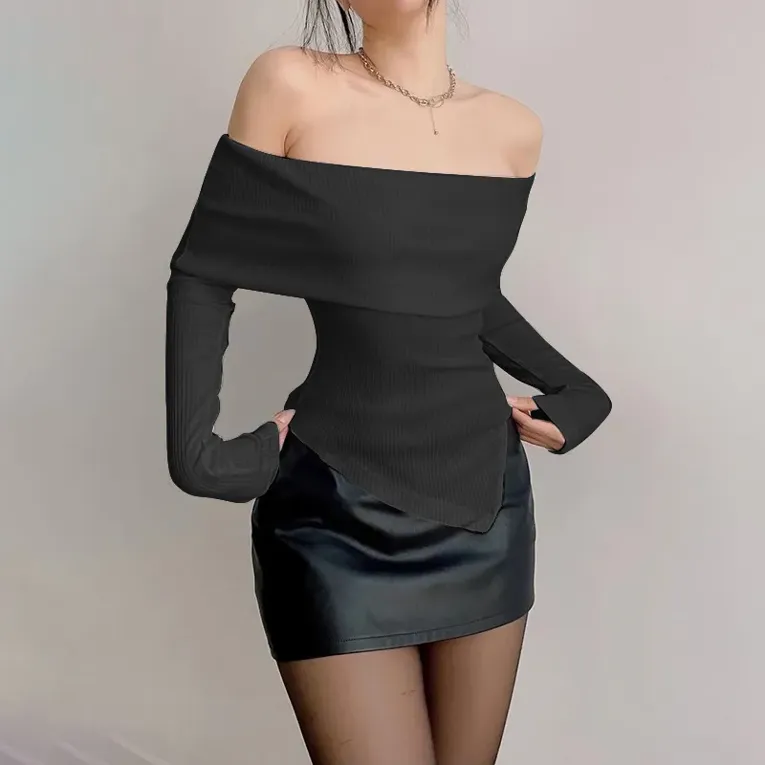 Black Solid Ribbed Off Shoulder Top - Image 1