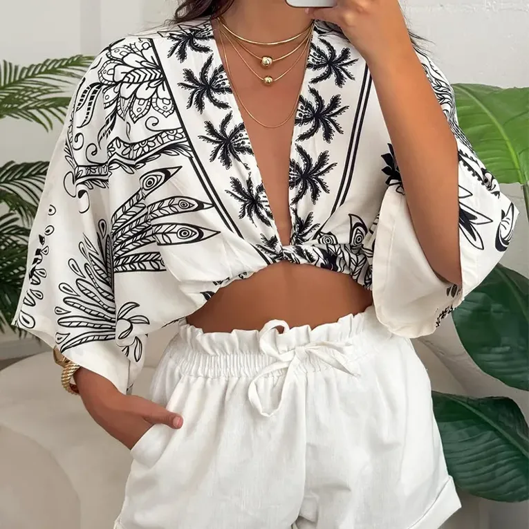 White Floral Vneck Crop Top - Image 1