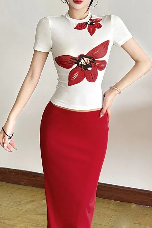 White Floral Crew Neck Tshirt