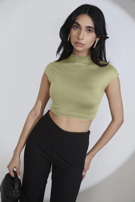 24時間お値下げ babylclubLuxgemhigh necktop Light Green Solid Mock Neck Crop Top - NEWME