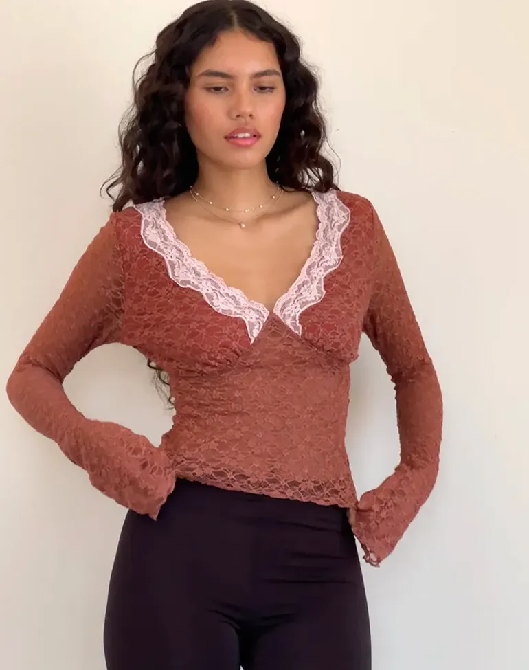 Brown V-Neck Lace Top - Image 1