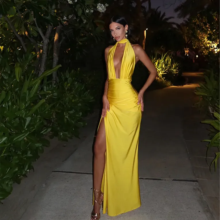Yellow Solid Halter Neck Maxi Dress - Image 1
