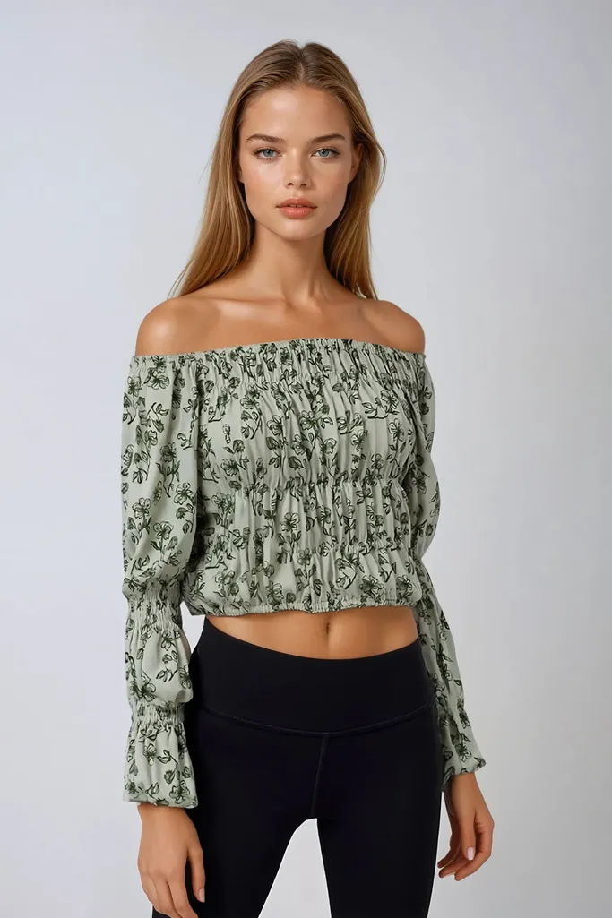 Green Floral Printed Crop Top - Image 1