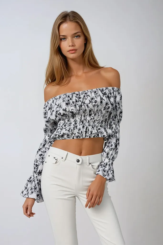 White Floral Printed Crop Top - Image 1