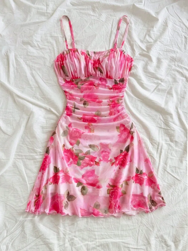 Light Pink Floral Ruched Mini Dress - NEWME