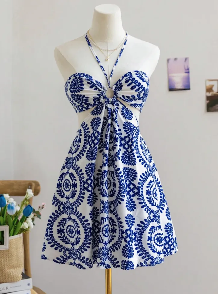 White Ethnic Print Fit Flare Mini Dress - Image 1