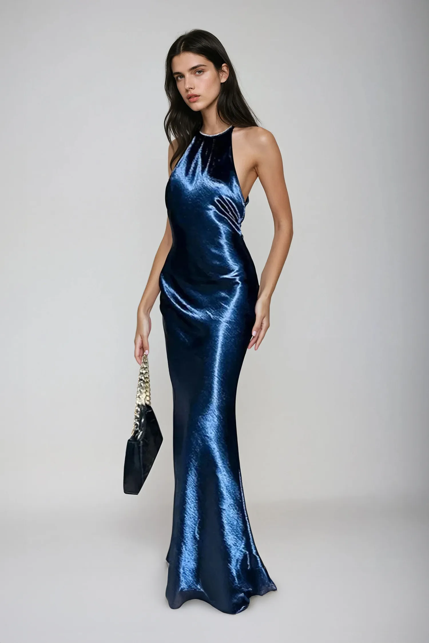 Halter Neck Backless Satin Maxi Dress