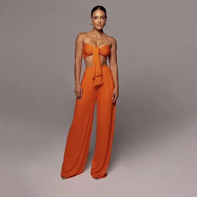 Orange Sweetheart Neck Tie Up Co Ord Set - Image 1