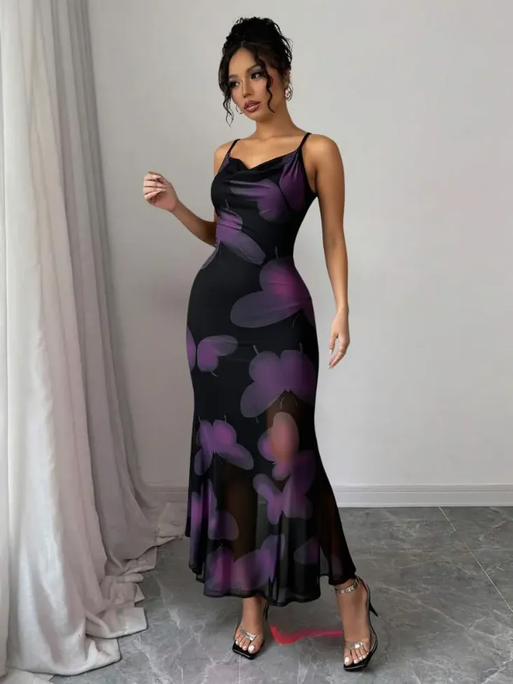 Black Floral Cowl Neck Maxi Dress - Image 1