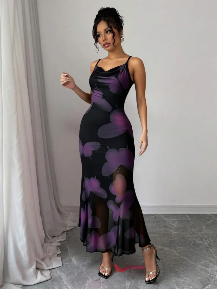 Black Floral Cowl Neck Maxi Dress