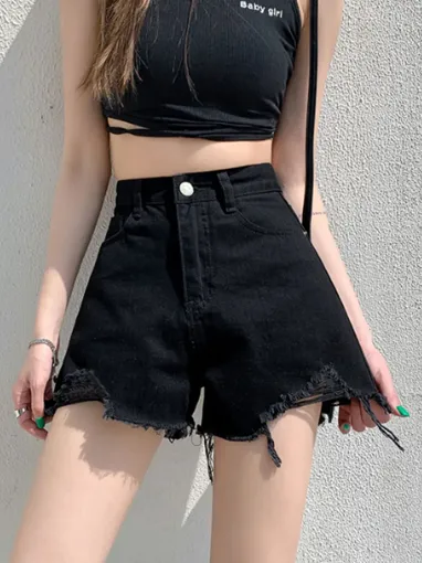 Ripped High Rise Denim Shorts - NEWME