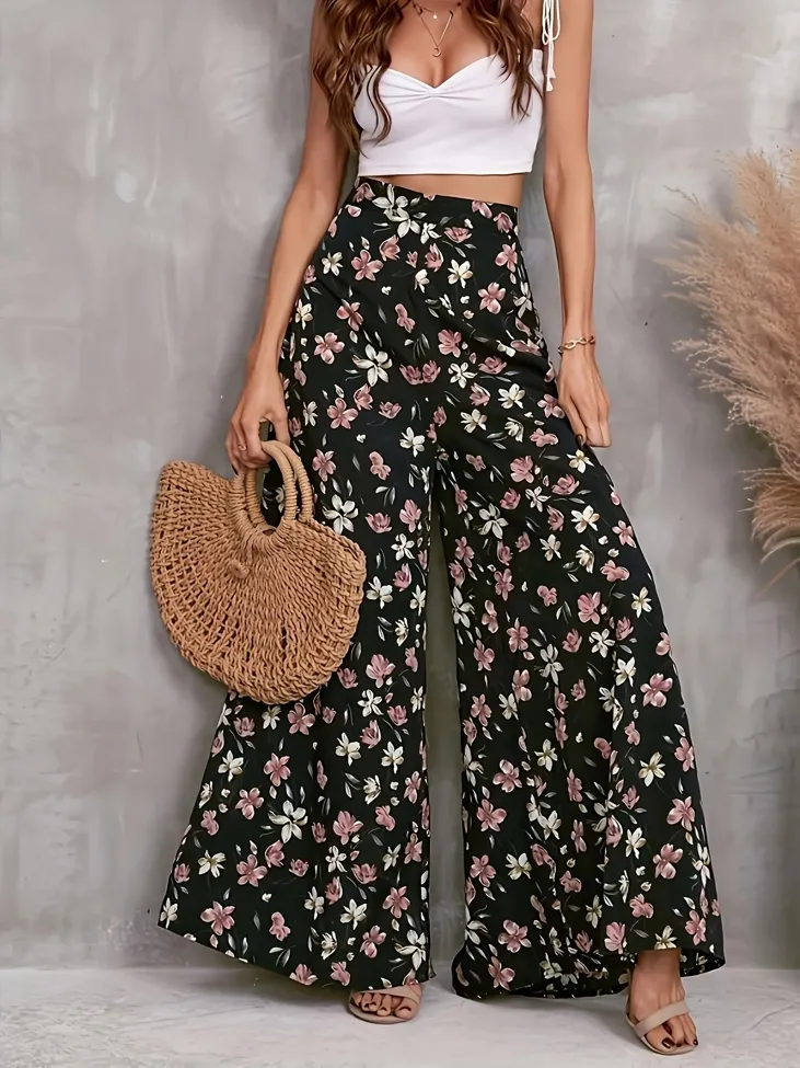 High Rise Black Floral Pants - Image 1
