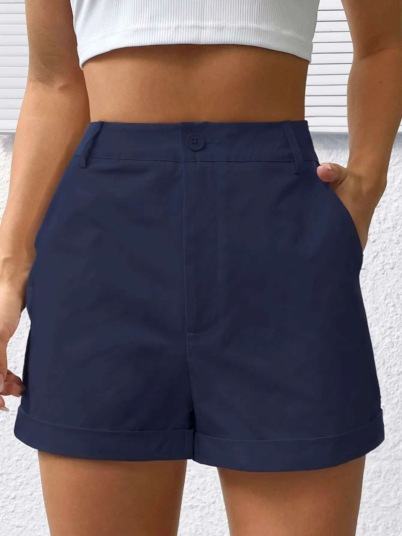 Navy Blue High Rise Shorts - NEWME