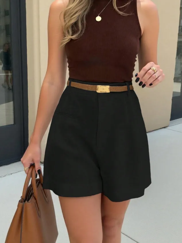 Highrise Pleated Black Shorts - Image 1