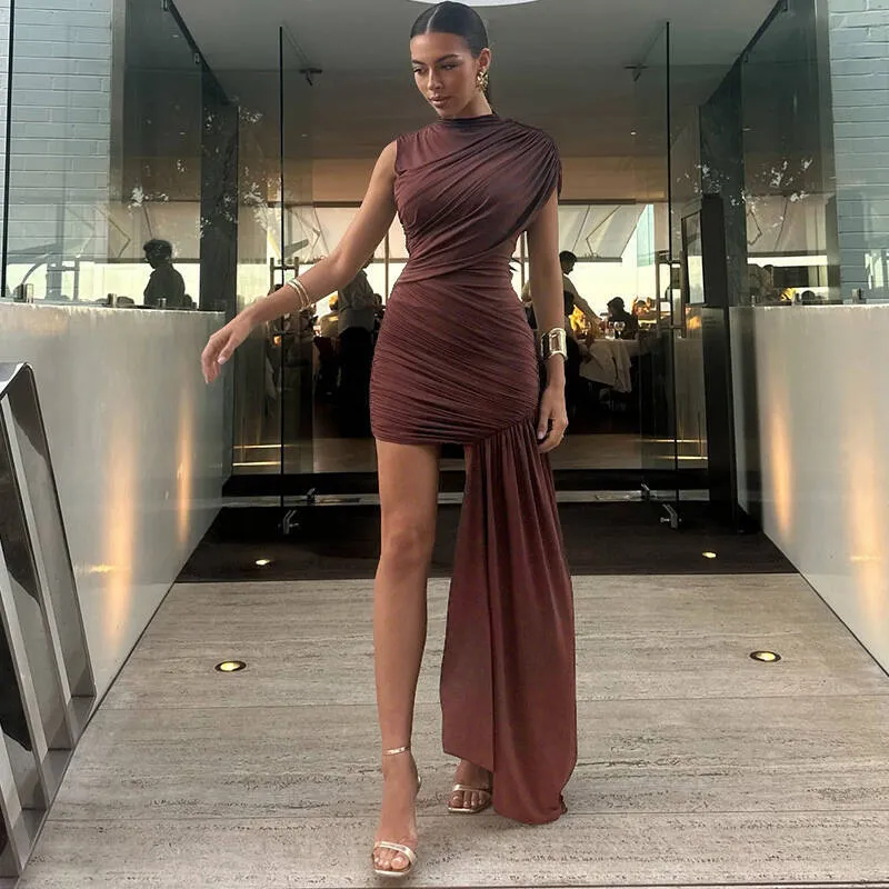 Ruched High Neck Maxi Dress
