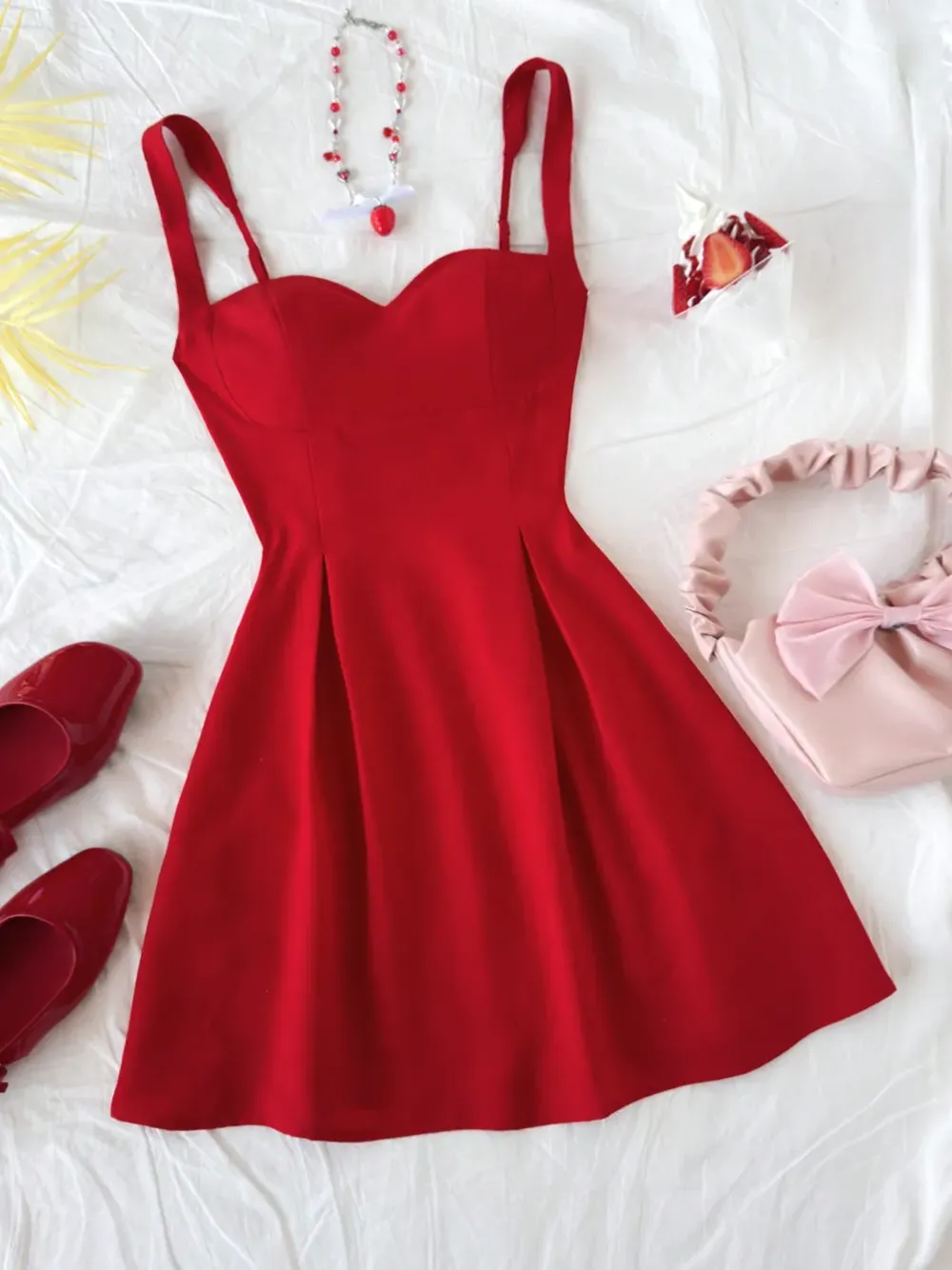 Red Sweetheart Neck Fit Flare Dress - NEWME