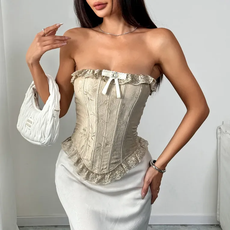 Grey Floral Laceinsert Corset Top - Image 1