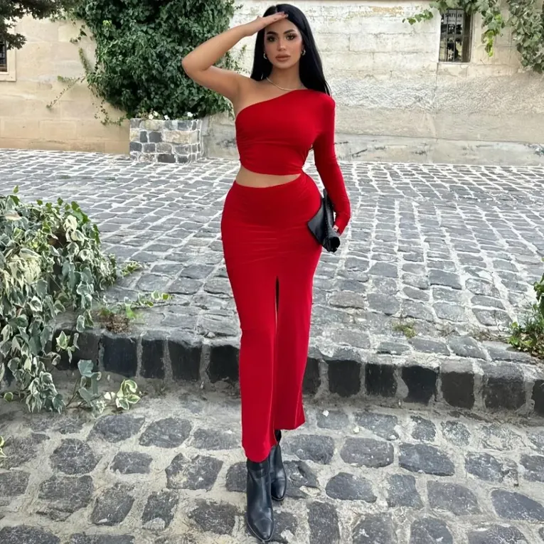 Red One Shoulder Ruched Bodycon Dress - Image 1
