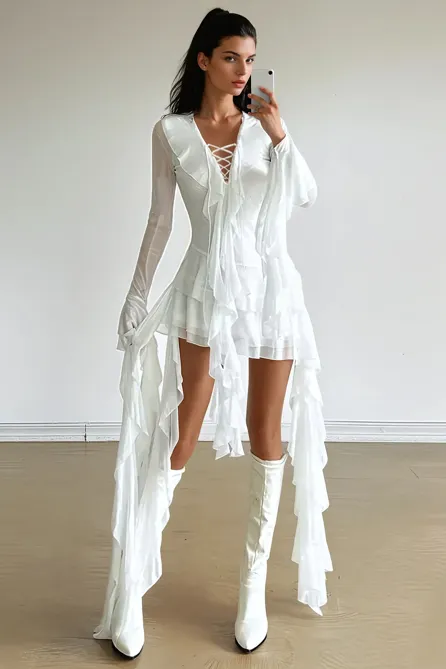White V-Neck Frill Detail A-Line Mini Dress - NEWME