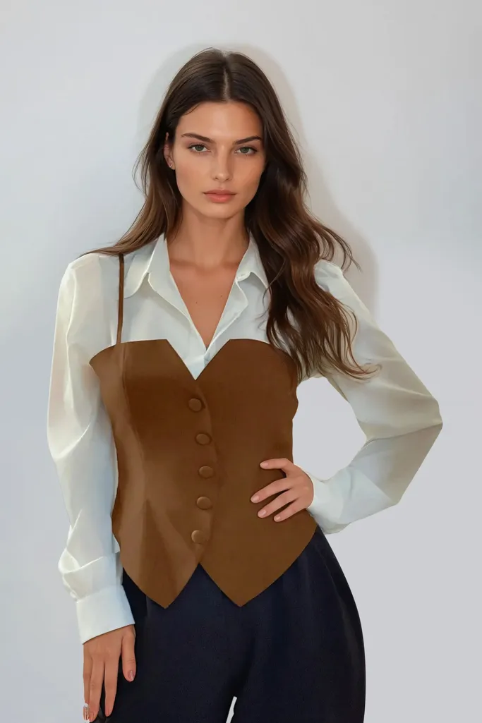 Brown Color Blocked Shirt Style Top - Image 1