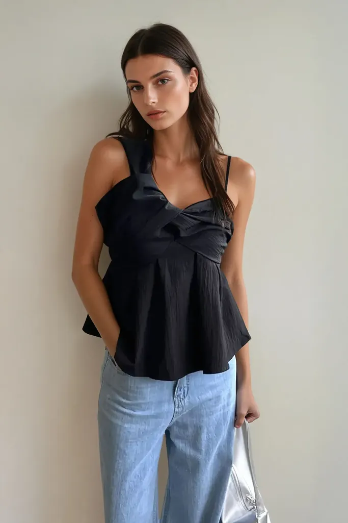 Black Pleated Asymmetric Neck Top - Image 1