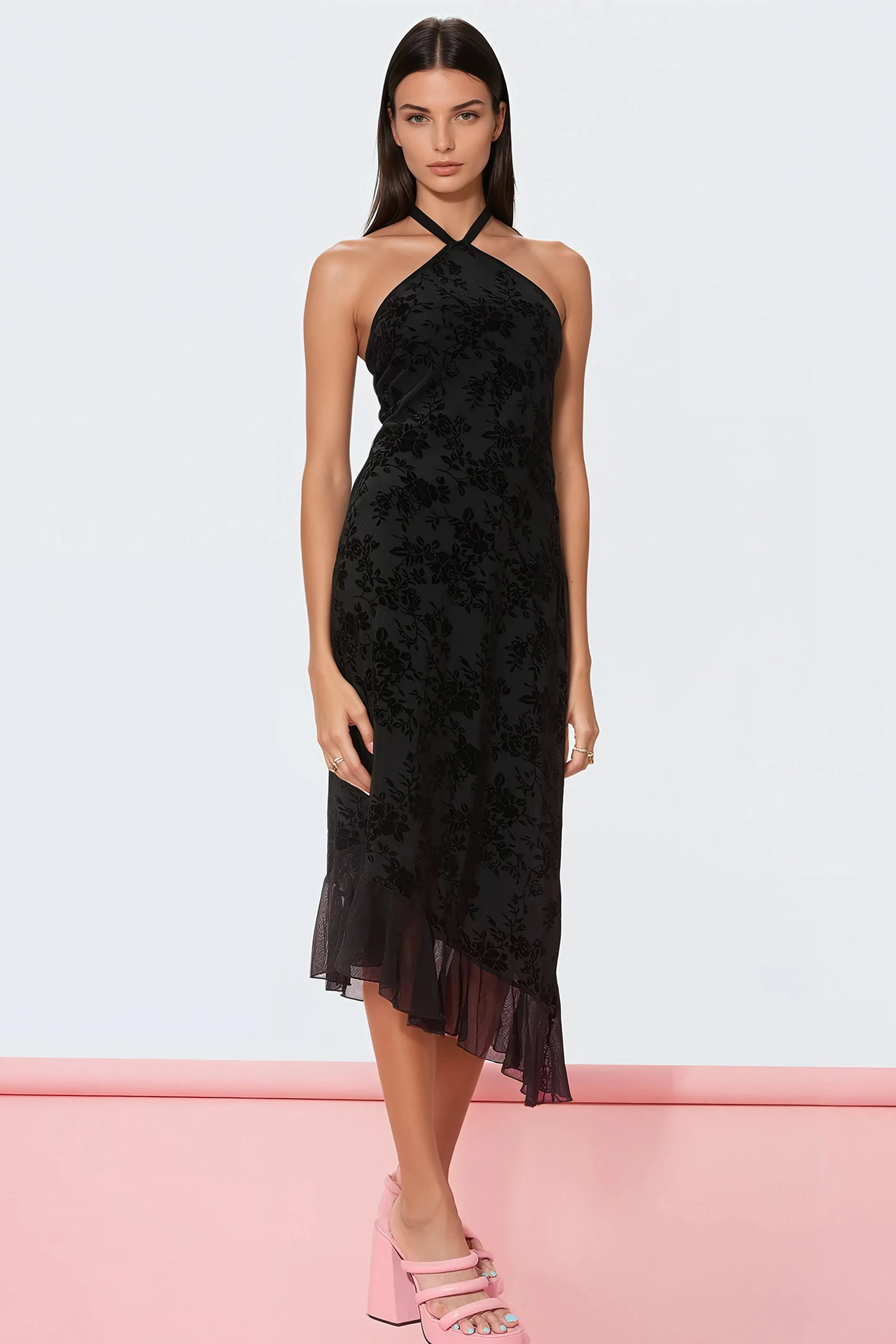 Black Floral Halter Neck Midi Dress