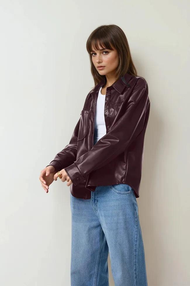 Brown Solid Pu Leather Casual Jacket - NEWME