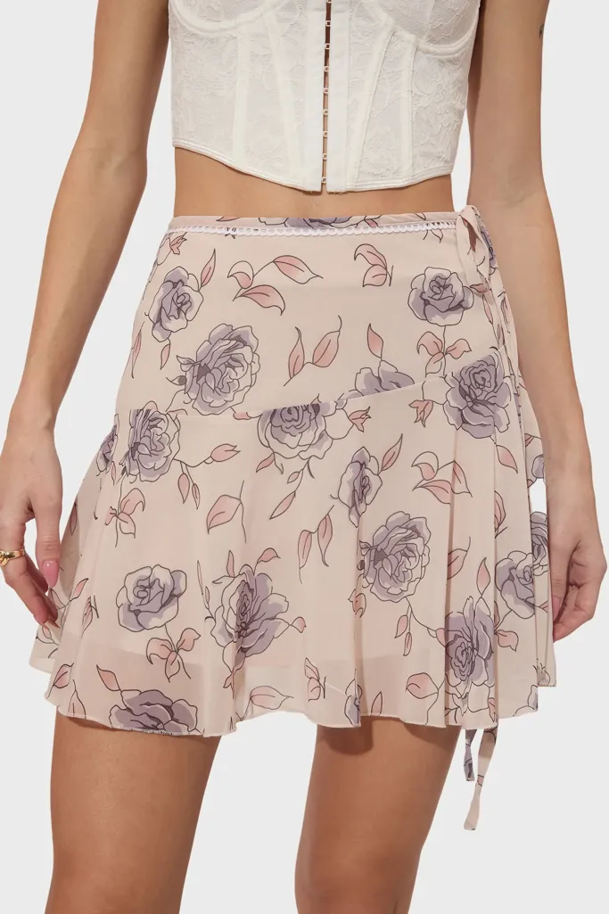 Beige Floral Fit Flare Mini Skirt - Image 1