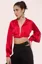 Red Solid Shirt Style Cropped Top