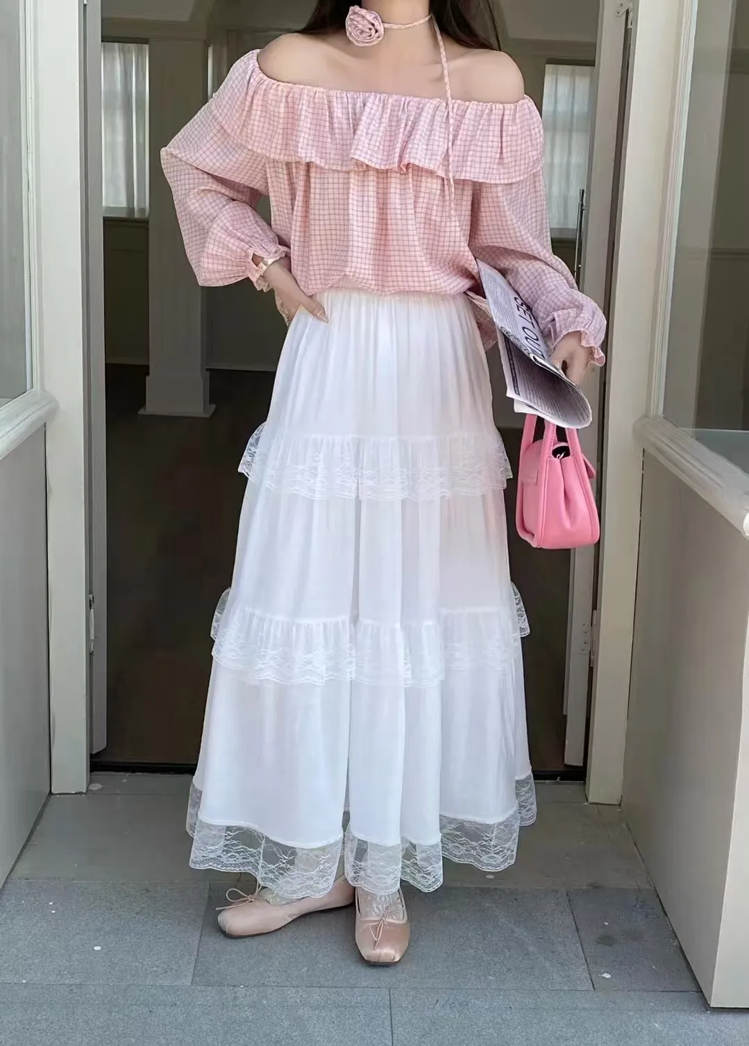 White Eyelet Embroidered Ruffle Mid-Rise Maxi Skirt