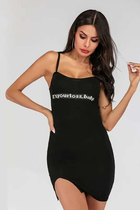 Black Solid Typography Mini Dress - Image 1