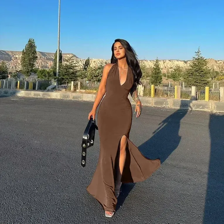 Brown Halter Neck Slit Maxi Dress - Image 1