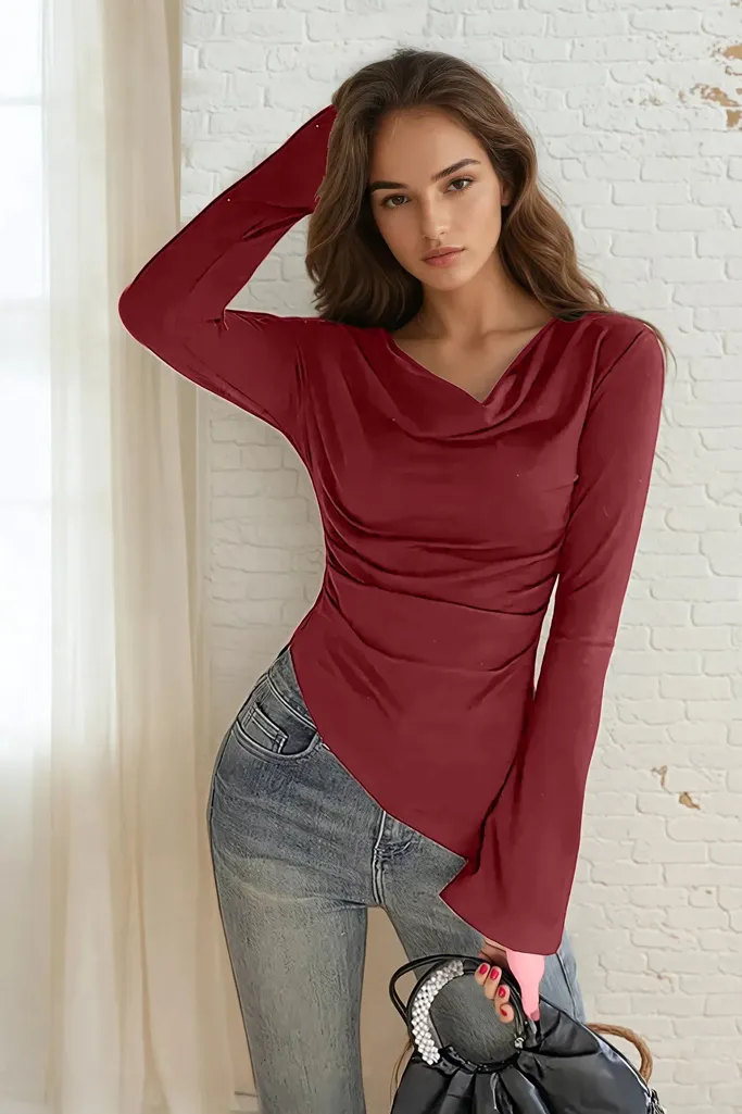 Maroon Solid Cowl Neck Ruched Top - Image 1